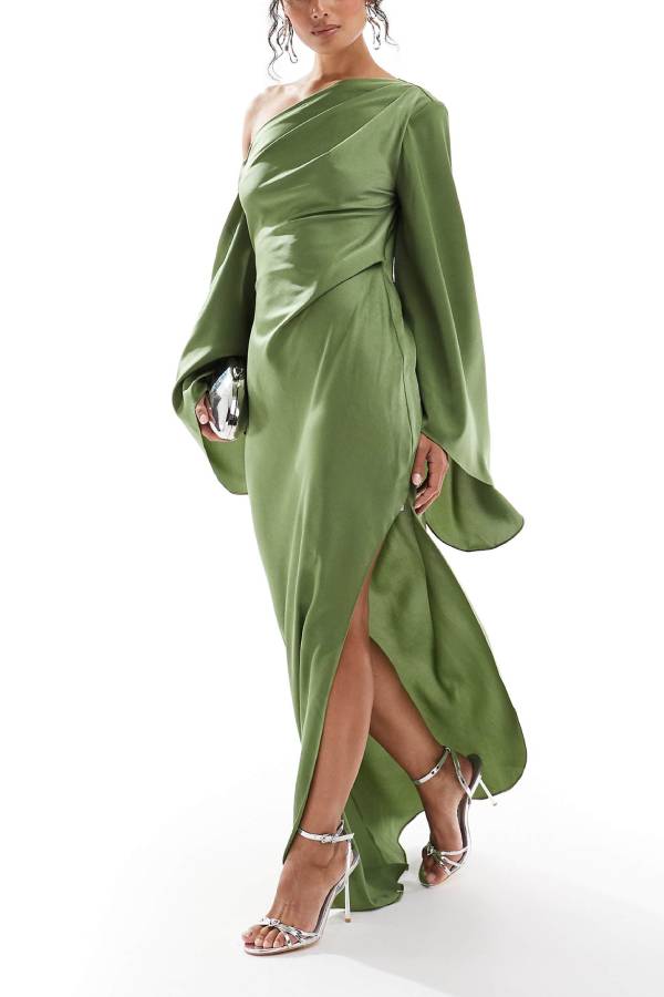 GR | Zayla Satin Asymmetrical One Shoulder Bell Sleeve Slit Maxi Dress 
