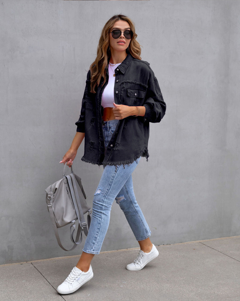 GR | Denim Blouse - Women's denim jacket with fringed details and button closure