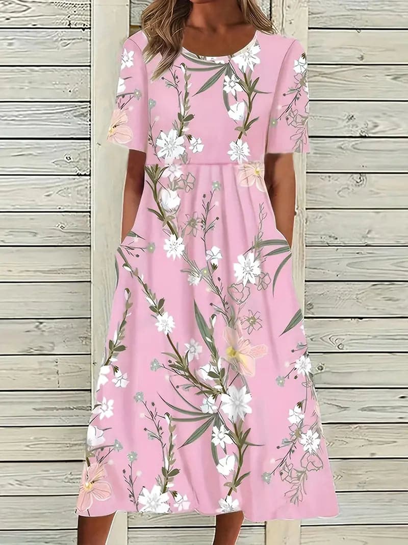 GR | Midi Kleid Blumendes Muster Rundhals Kurze Ärmel Luftig und Bequem