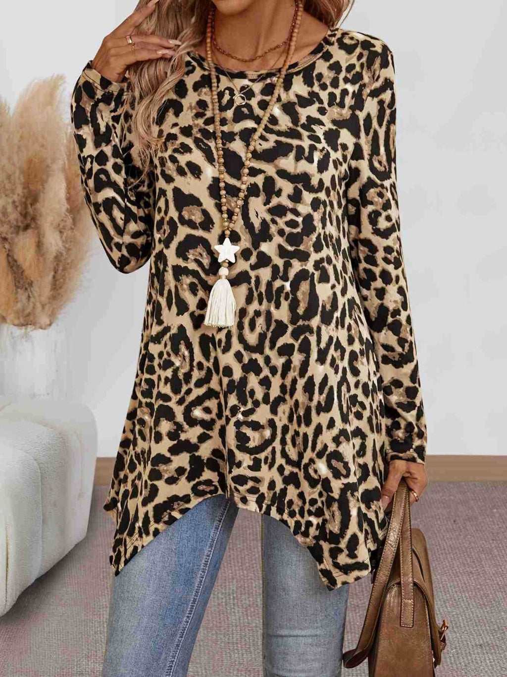 GR | Leopard print crew neck long-sleeved T-shirt