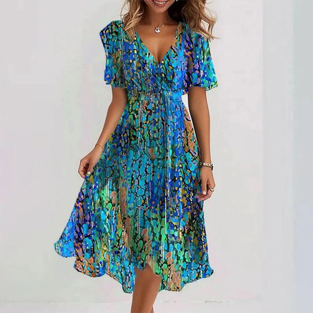 GR | Stilvolles Blumenkleid mit Kurzen Ärmeln