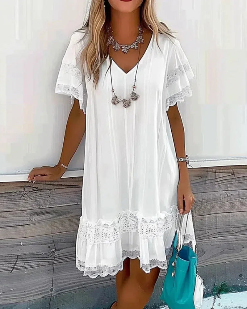 GR | Kurzärmliges Weißes Sommerkleid mit Spitzenpaneelen