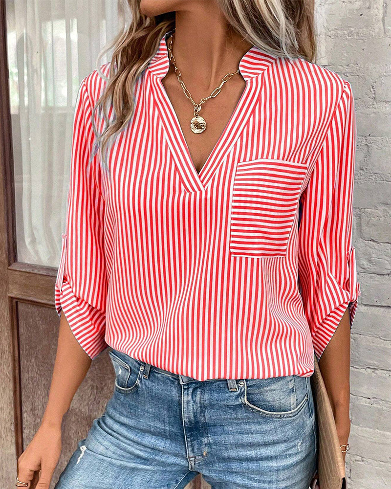 GR | striped shirt with V-neck and chest pocket