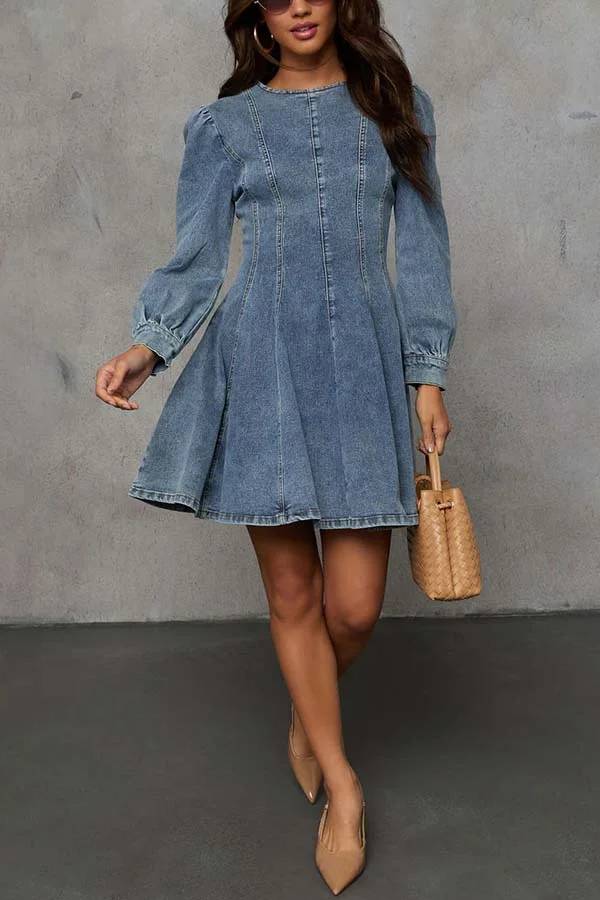 GR | Fade Into You Denim Prinzessinnenlinie Rückenreißverschluss Flare Stretch Mini Kleid