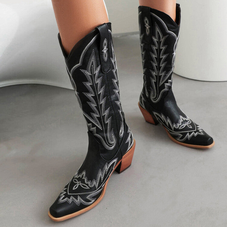 GR | Embroidered Long Knee-High Boots Pointed Toe Chunky Heel High Heel