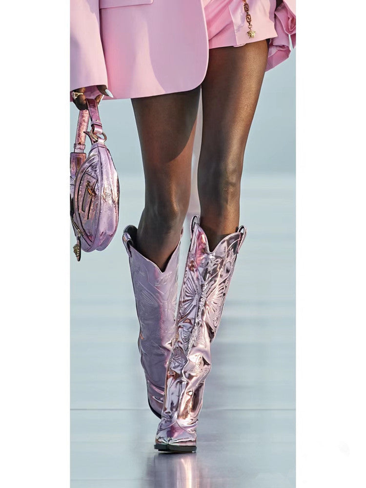 GR | Women's High-Heeled Metal Pointed Toe Bow Embroidered Boots
