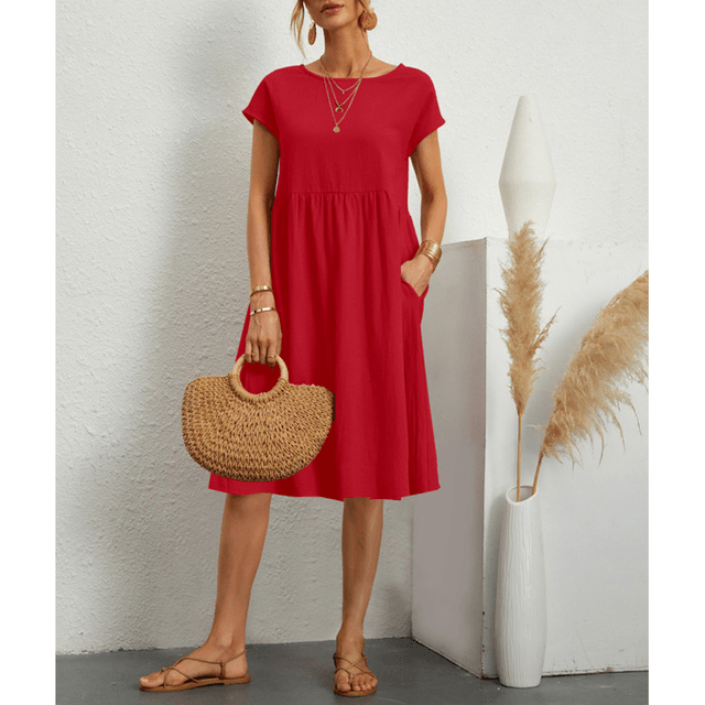 GR | Baumwolle Leinen Kurzarm Midi Kleid