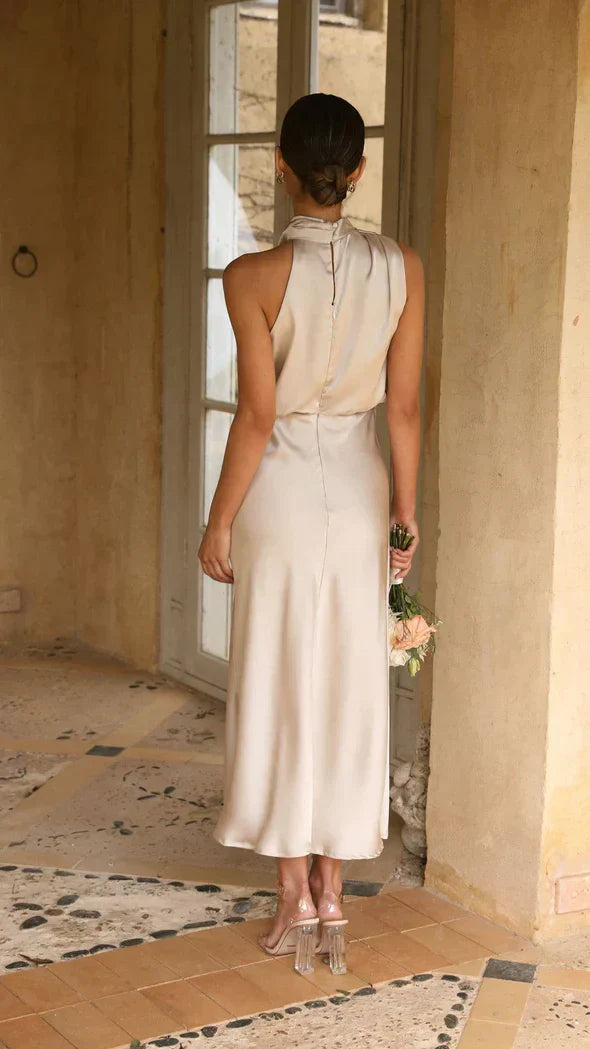GR | Elegantes Satin Midikleid Mit Drapiertem Ausschnitt Für Damen