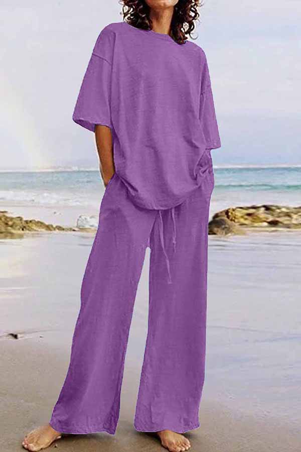 GR | Casual Living Solid Color O-Neck Short Sleeve Two Pieces (11 Colors)