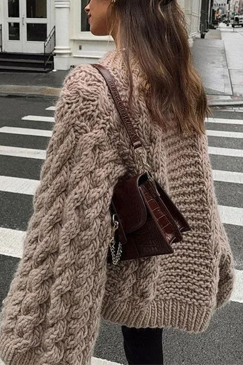 GR | Rosiedress Rundhals Übergroße Zopfmuster Pullover
