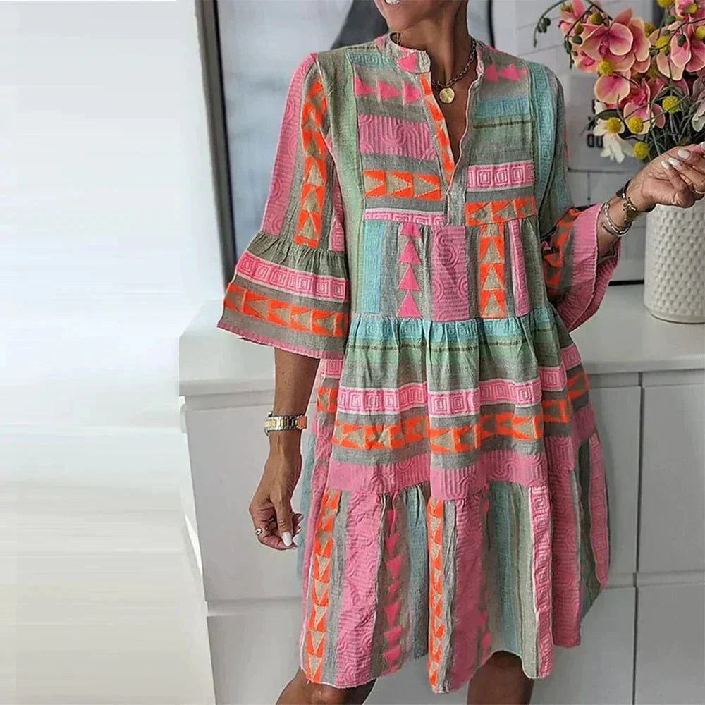 GR | Boho Chic Bedrucktes Midi Kleid Für Damen