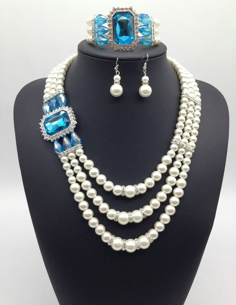 GR gemstone pearl necklace and earring set in European style