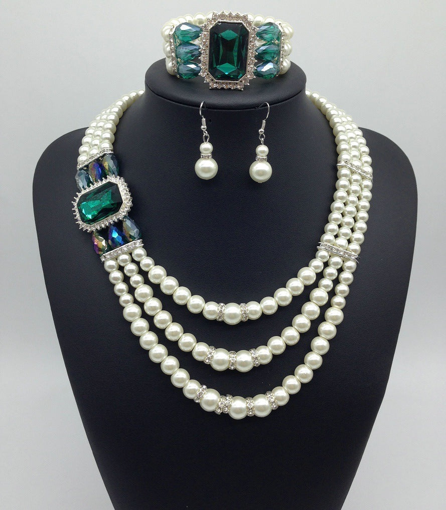 GR gemstone pearl necklace and earring set in European style