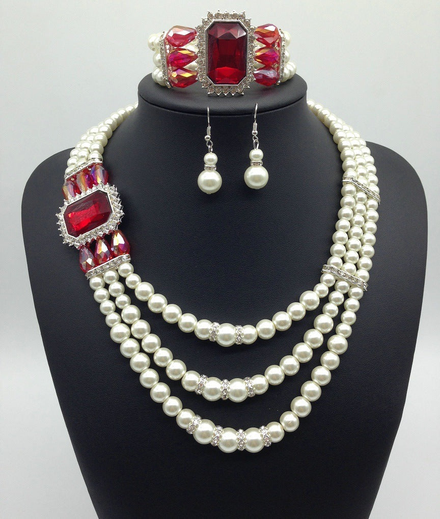 GR gemstone pearl necklace and earring set in European style