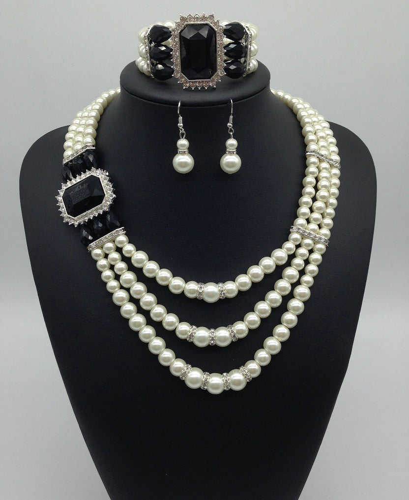 GR gemstone pearl necklace and earring set in European style