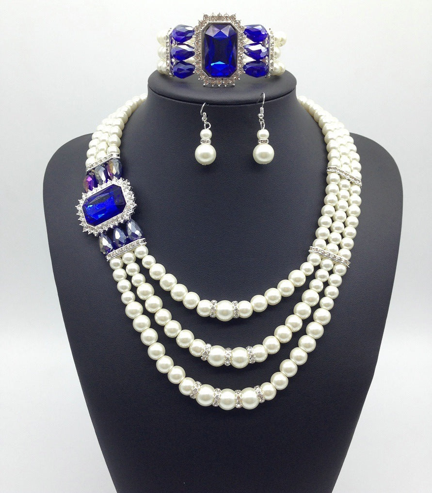 GR gemstone pearl necklace and earring set in European style