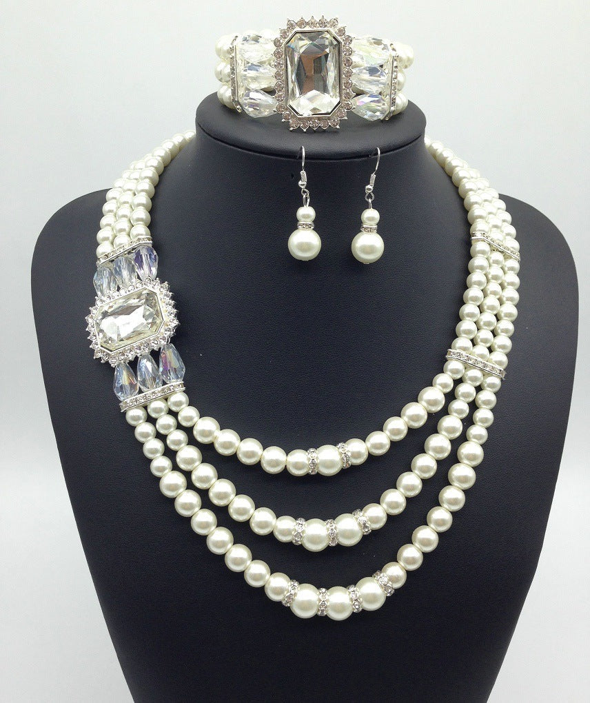 GR gemstone pearl necklace and earring set in European style