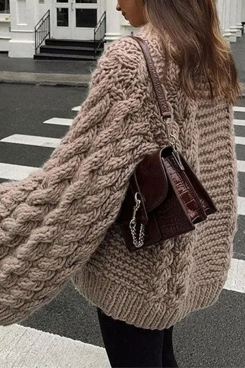 GR | Rosiedress Rundhals Übergroße Zopfmuster Pullover
