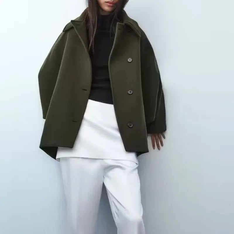GR - Trendy Short Coat with Polo Collar and Hooded Sleeves Made of Mixed Fabric