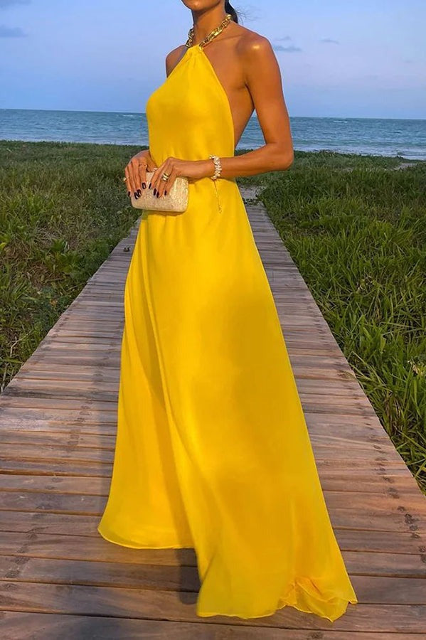 GR | Sunny In Santorini Chain Halter Backless A-Line Holiday Maxi Dress