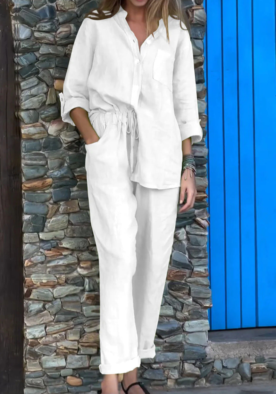 V-neck shirt and cotton trousers