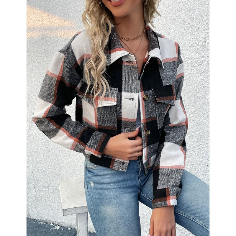 GR | Long-sleeved bomber jacket with check pattern and buttons