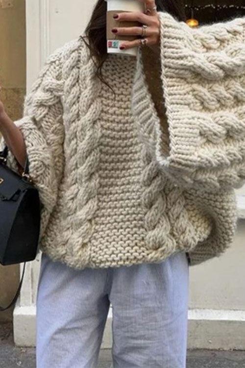 GR | Rosiedress Rundhals Übergroße Zopfmuster Pullover