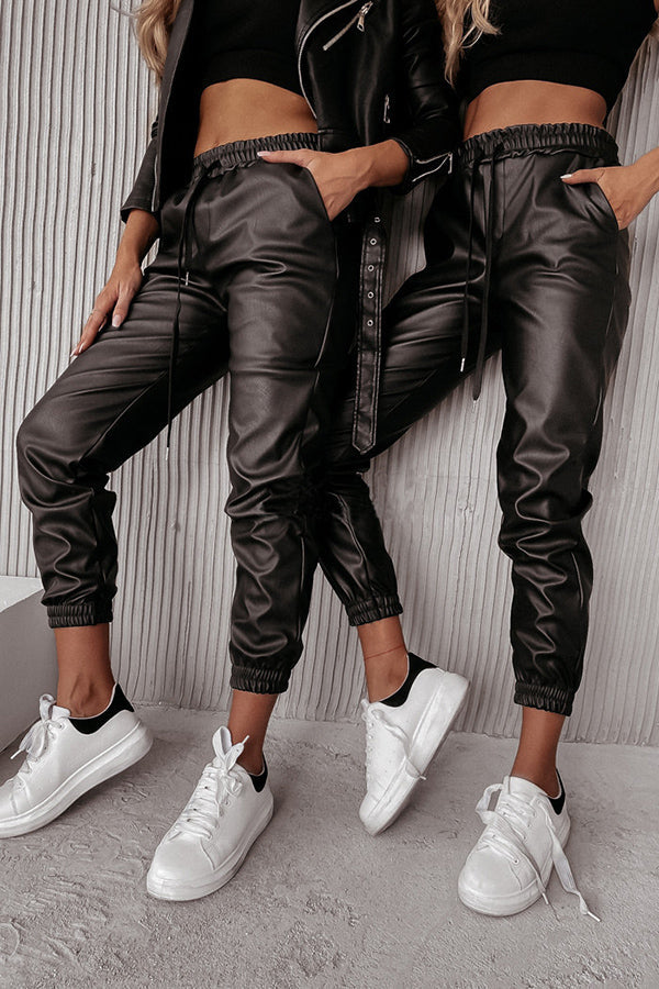 GR | Drasilla Faux Leather Elastic Waistband Pockets Jogger