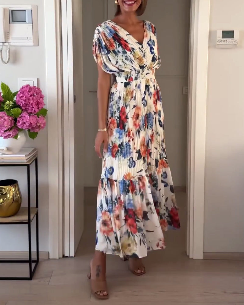 GR | Beautiful Elegant Pleated Dress with Floral Pattern