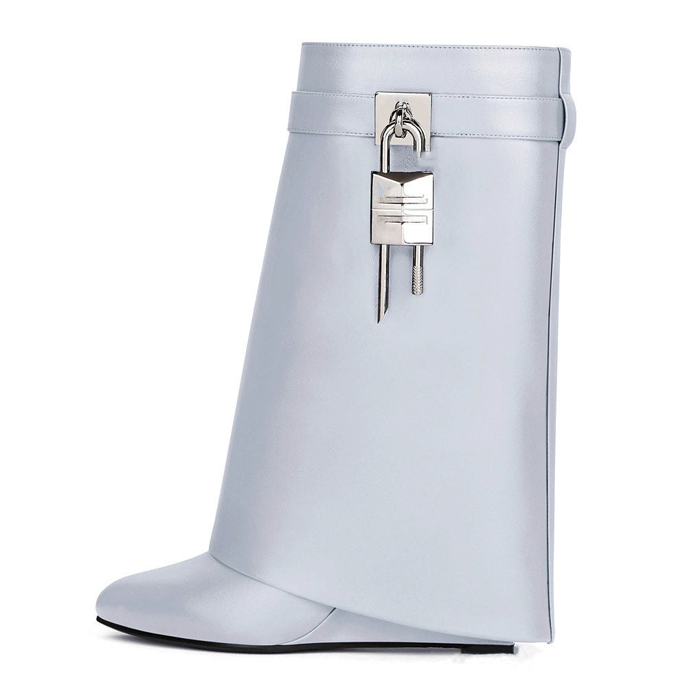 GR | Women's Fashion Slanted Heel Round Toe Leather Upper High Heel Zipper Short Boots