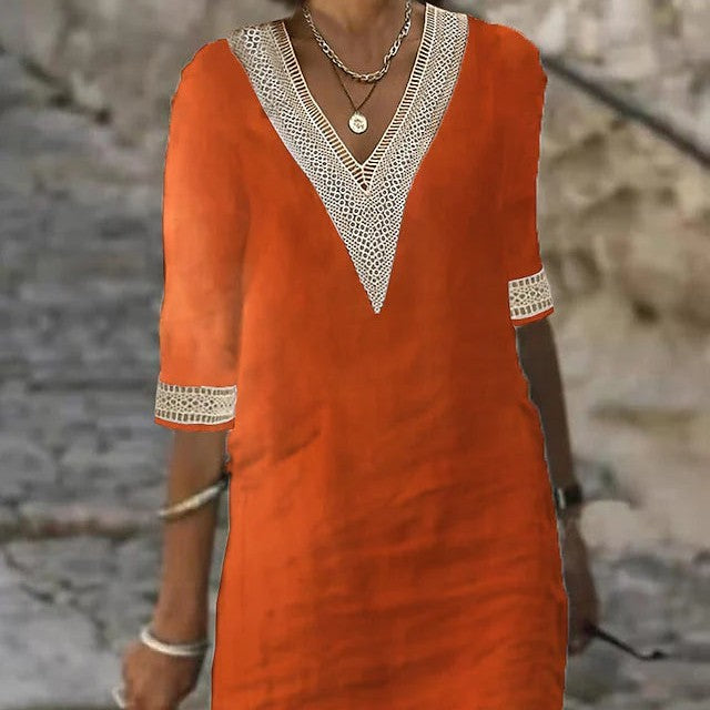 GR | Simple cotton linen dress with V-neck and half sleeves