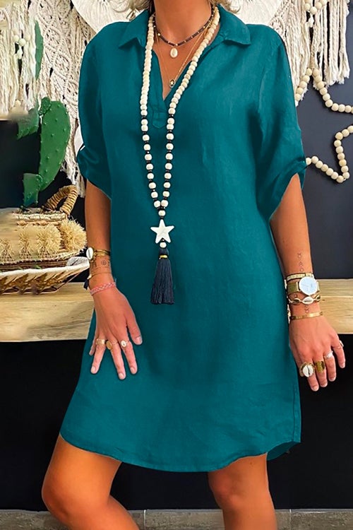 GR | Rosiedress Lapel V-Neck Roll-Up Sleeve Shirt Dress
