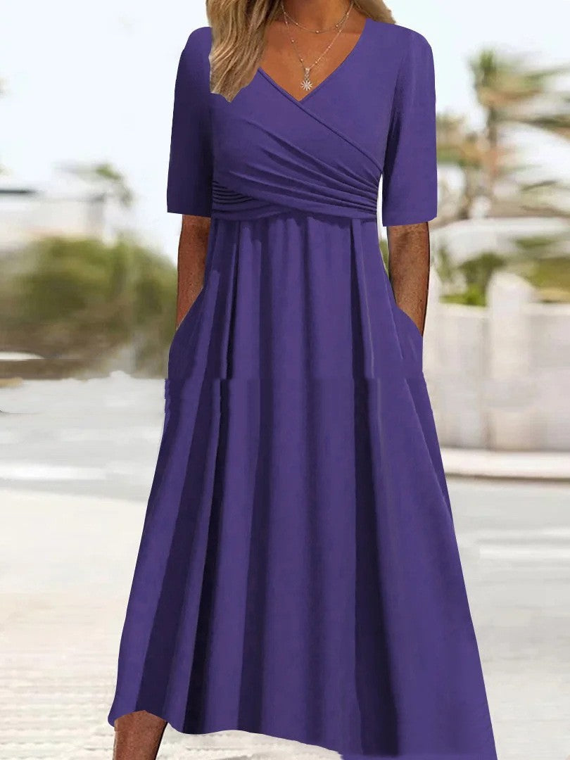 GR | Blaues, Schlichtes Midikleid Mit V-ausschnitt