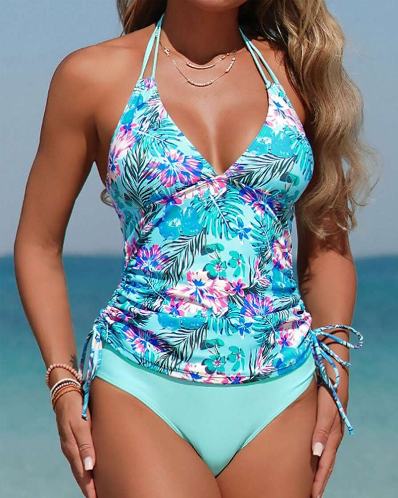 GR | Two-piece tankini with floral pattern, halter neck, triangle