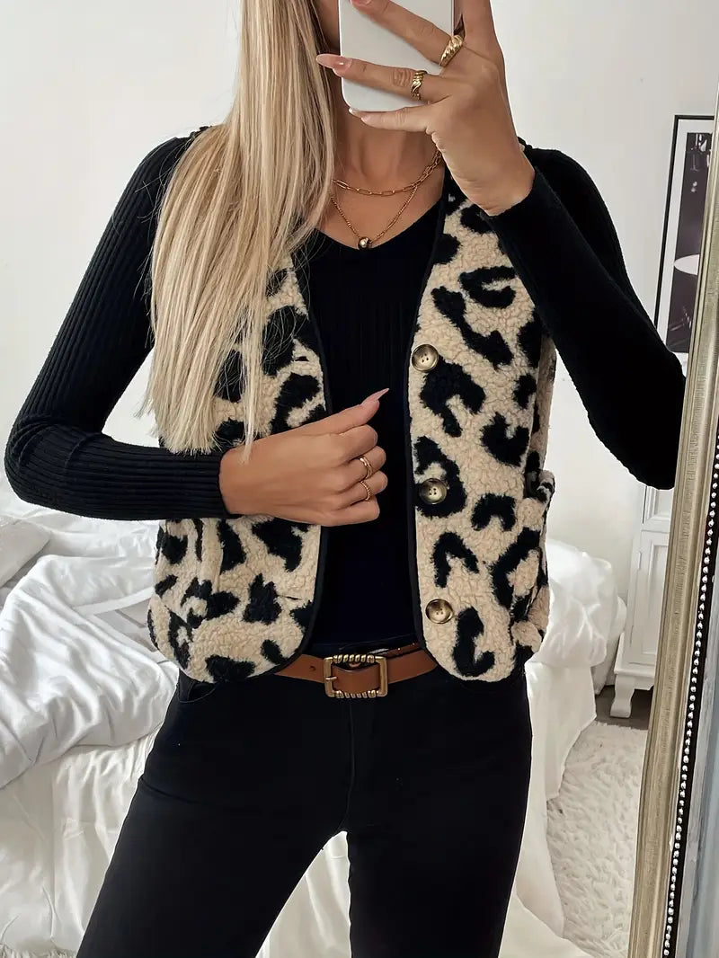 GR | Sleeveless faux fur vest with leopard print for women