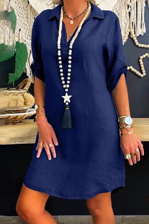 GR | Rosiedress Lapel V-Neck Roll-Up Sleeve Shirt Dress