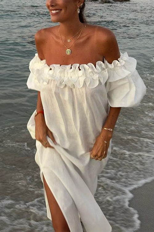 GR | Rosiedress Off Shoulder Ruffle Trim Slit Cotton Linen Maxi Holiday Dress
