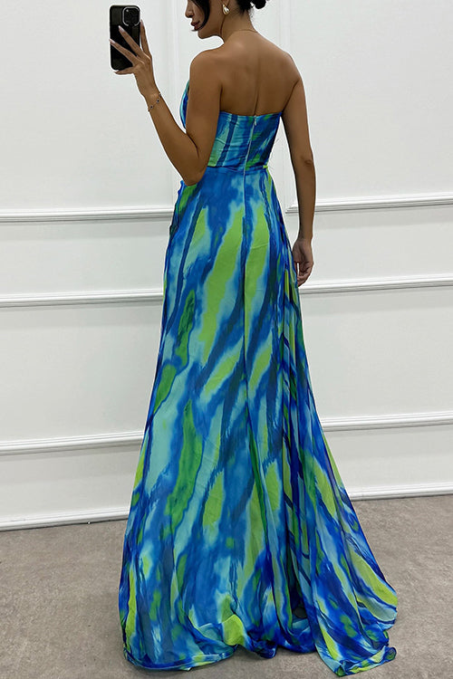 GR | Rosiedress Strapless Rose Detail High Slit Printed Chiffon Maxi Dress