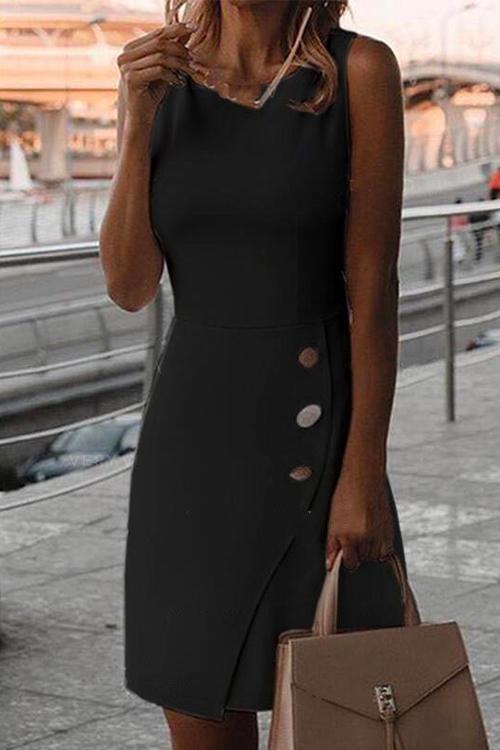 GR | Rosiedress Round Neck Button Sleeveless Office Dress