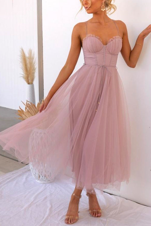 GR | Rosiedress Back Cutout Tie Belt Mesh Swing Maxi Spaghetti Strap Dress