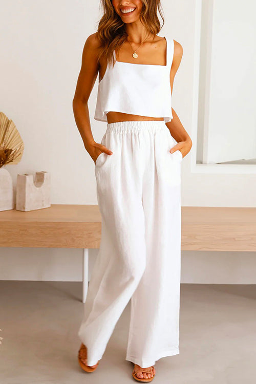 GR | Rosiedress Square Collar Cami Crop Top Wide Leg Trousers Cotton Linen Set