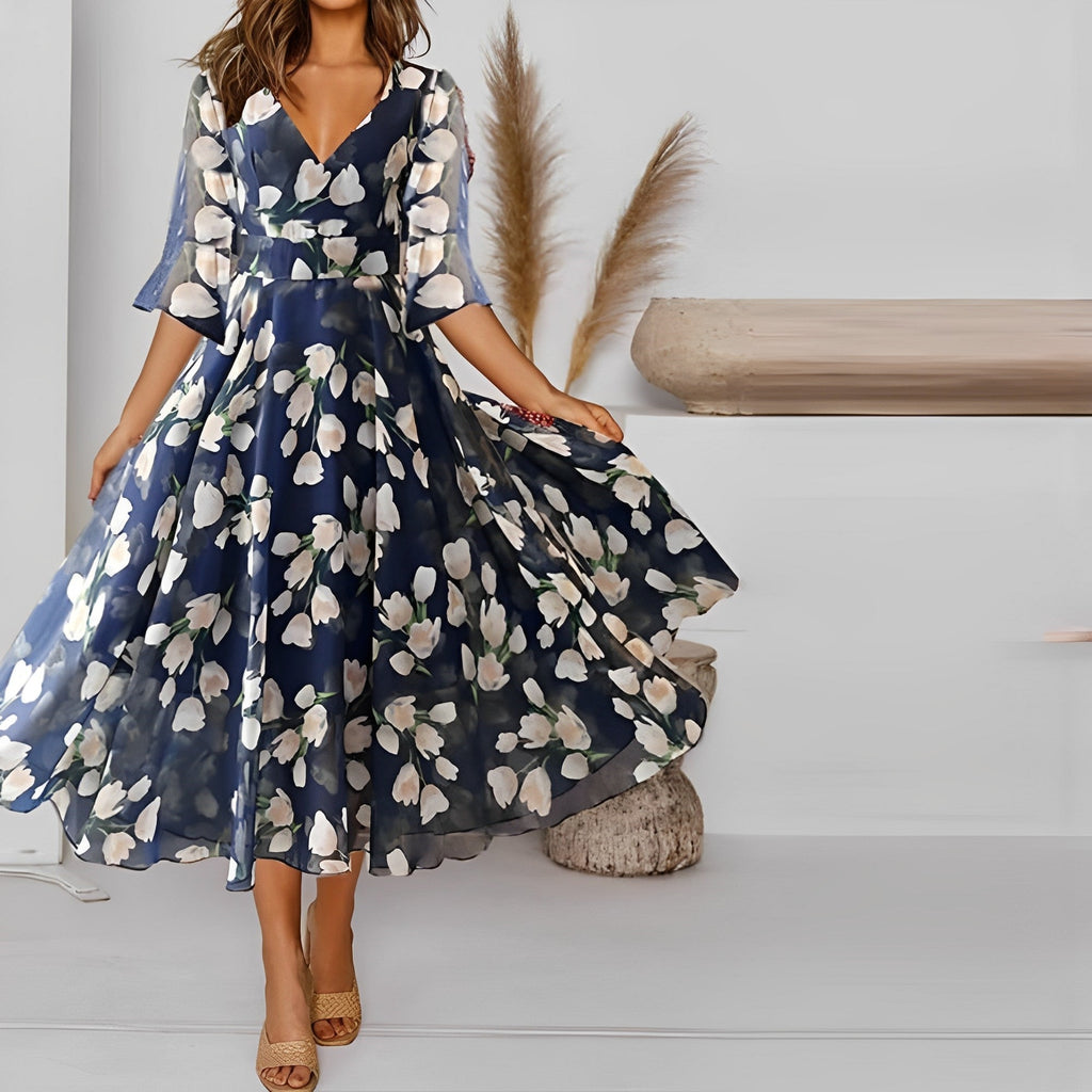 GR | Floral siphonic dress with a wide V-neck