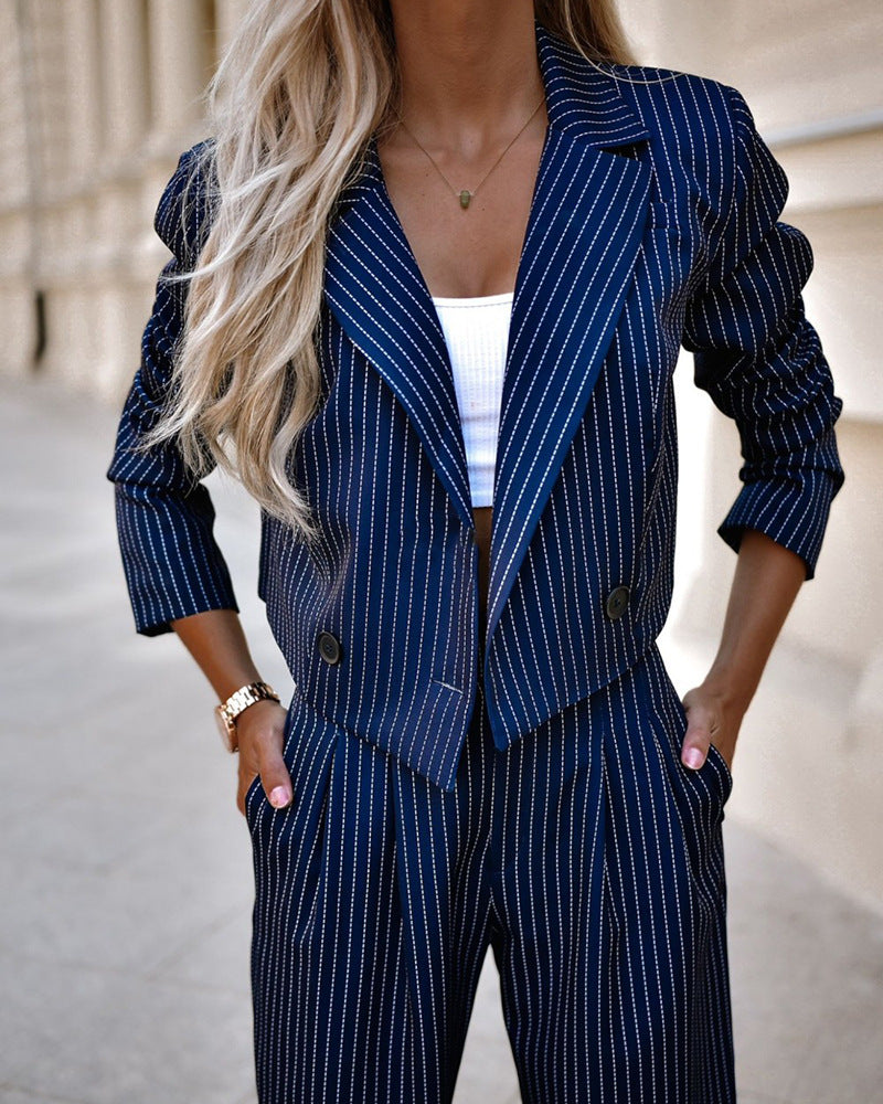 GR | Blazer and trousers set - striped cropped blazer and wide-leg high-waisted trousers