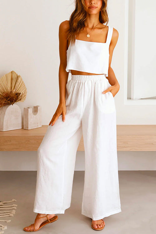 GR | Rosiedress Square Collar Cami Crop Top Wide Leg Trousers Cotton Linen Set