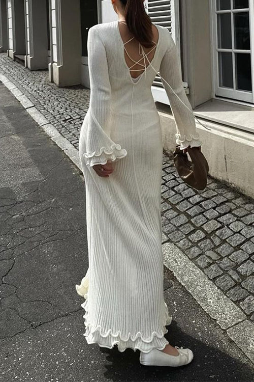 GR | Rosiedress Bell Sleeve Back Lace-Up Ruffle Trim Maxi Dress