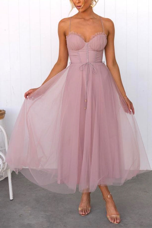 GR | Rosiedress Back Cutout Tie Belt Mesh Swing Maxi Spaghetti Strap Dress