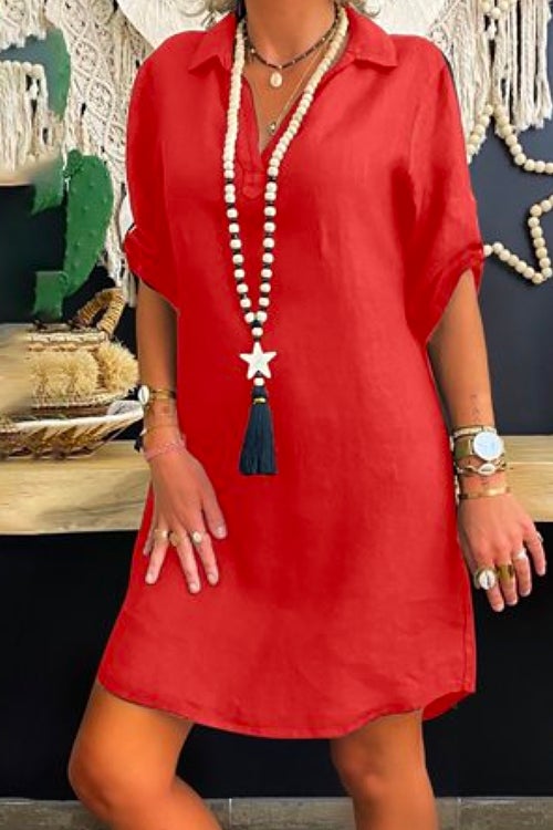 GR | Rosiedress Lapel V-Neck Roll-Up Sleeve Shirt Dress