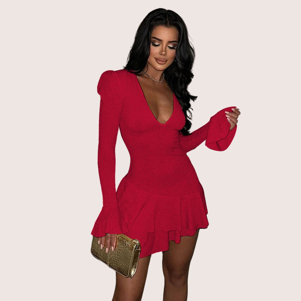 GR | Minikleid mit tiefem V-Ausschnitt und Rüschen