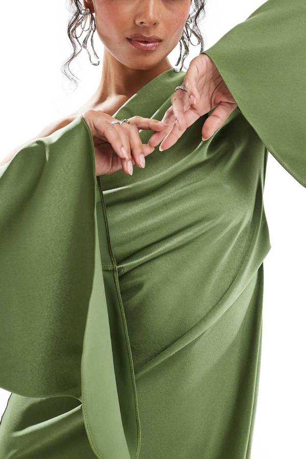 GR | Zayla Satin Asymmetrical One Shoulder Bell Sleeve Slit Maxi Dress 