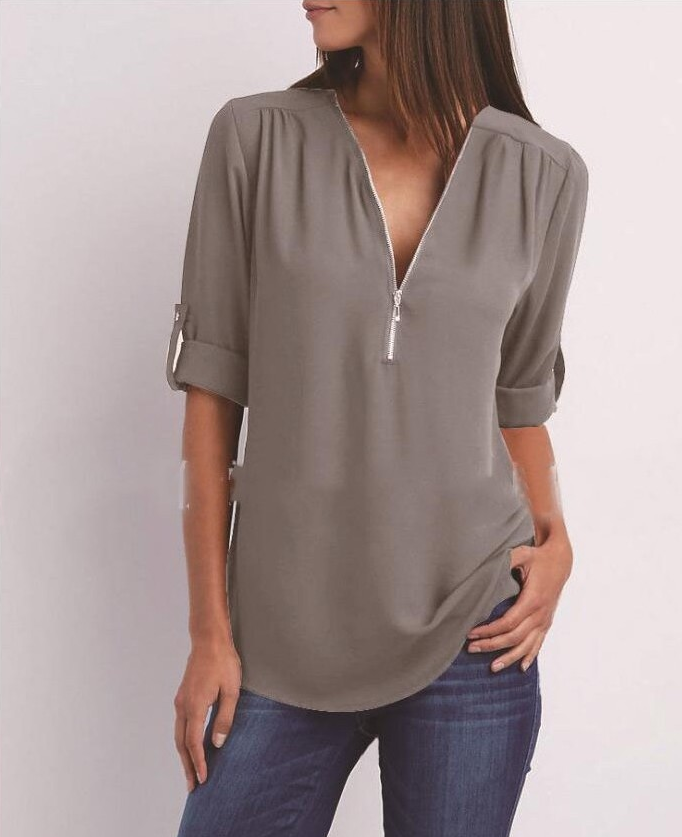 GR Short-sleeved shirt with zipper and V-neck - Loose tops